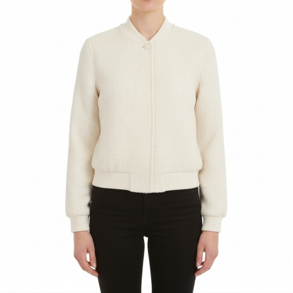 Jason Wu Cream‎ Tweed Cropped Bomber Jacket Size S Ivory Textured Zip Up